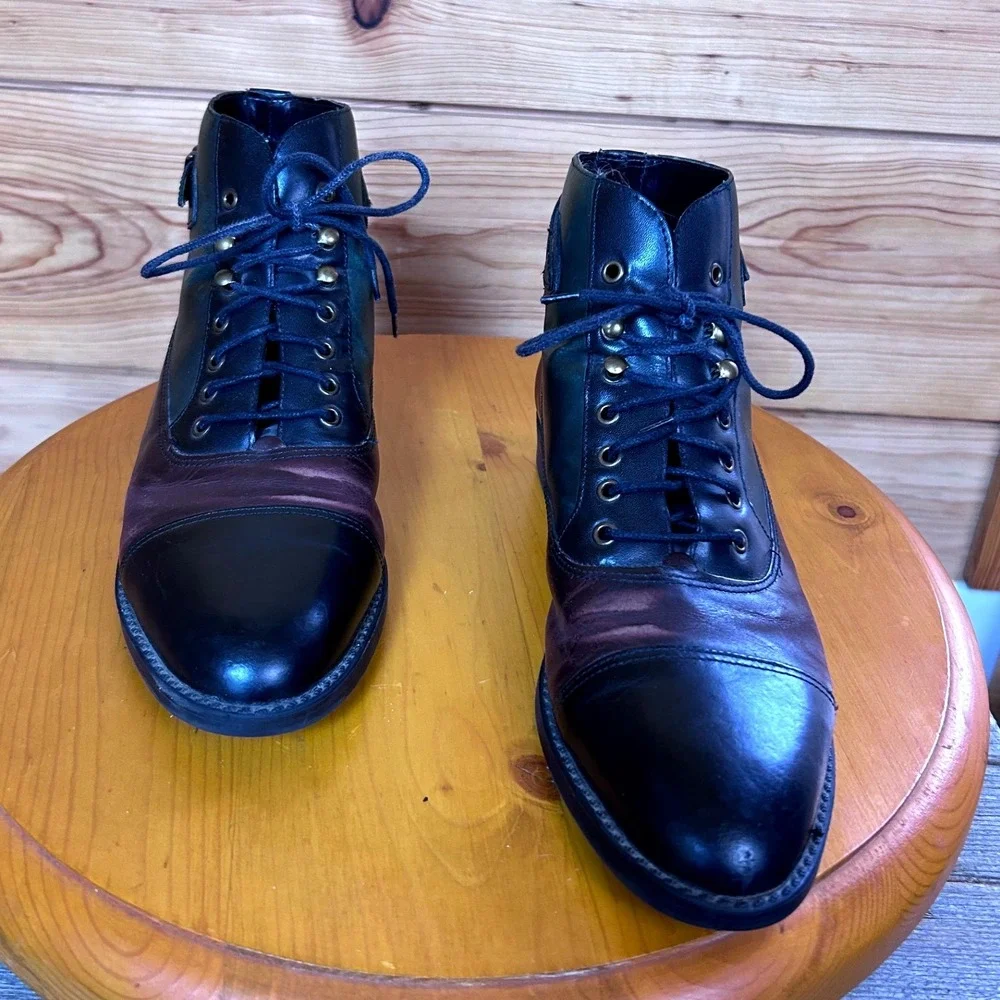Vintage Tri-Color Leather Lace Up Ankle Boots Made in Brazil Green Burgundy 9M - Picture 2 of 9